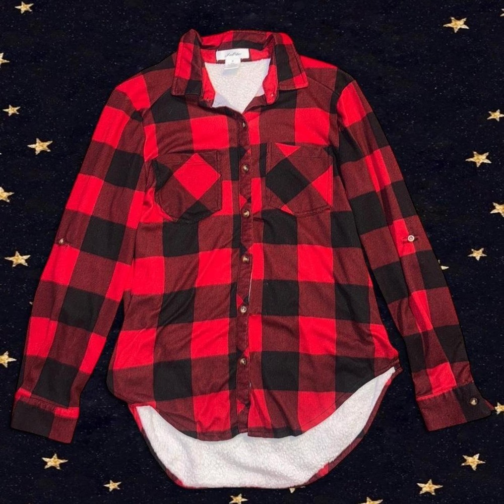 Red and black plaid polyester flannel